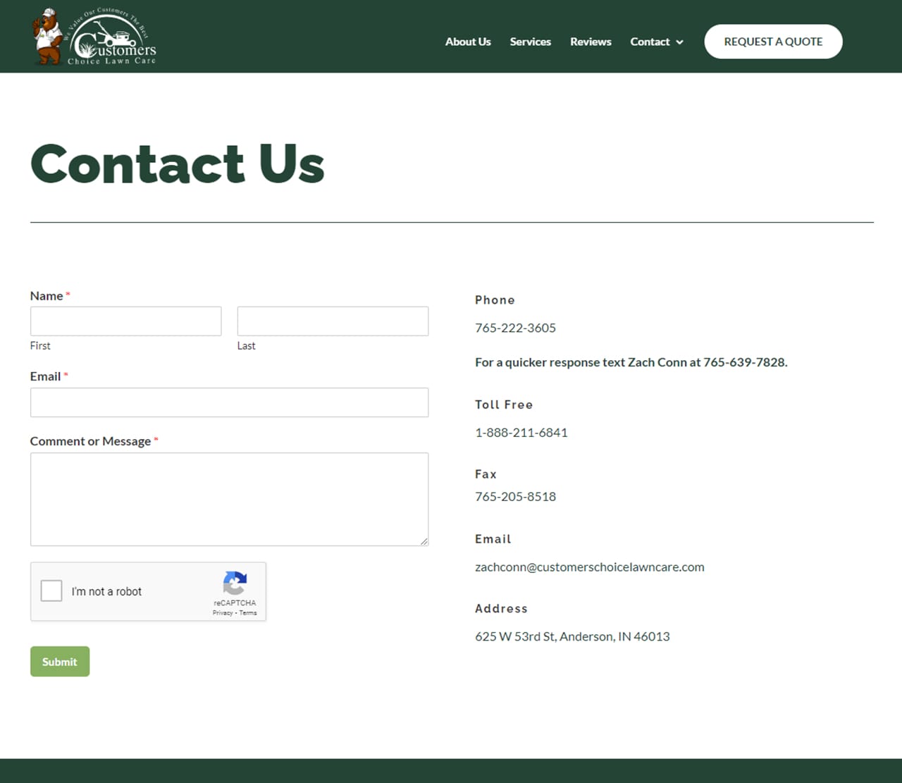 Customers Choice Lawn Care Contact Us Page